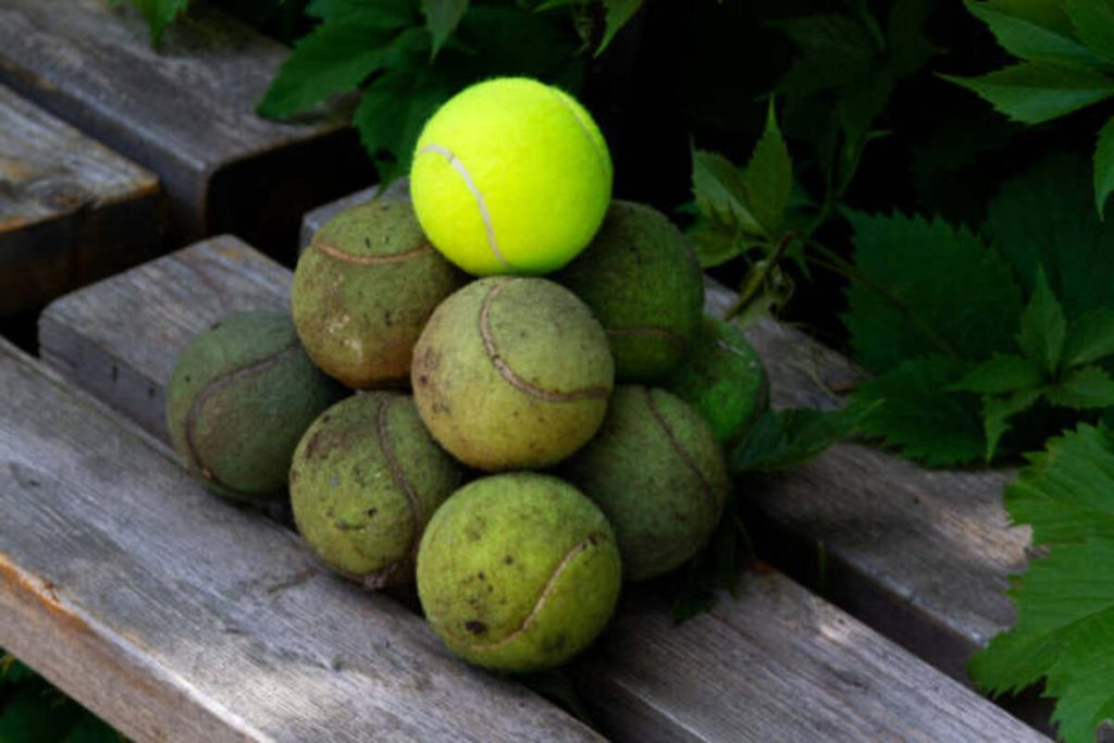 old dirty tennis balls are laid out on bench in the shape of pyramid